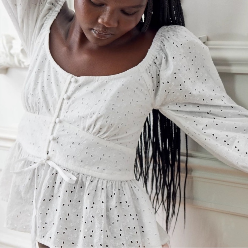 Aerie Long Sleeve Peplum Top White Eyelet Bohemian Bridgerton - Picture 2 of 7